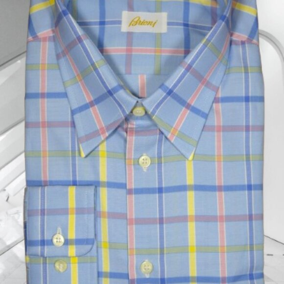 $950 NEW BRIONI DRESS SHIRT BLUE SALMON PINK PLAID CHECK HAND MADE XL 43 17 - Picture 5 of 11